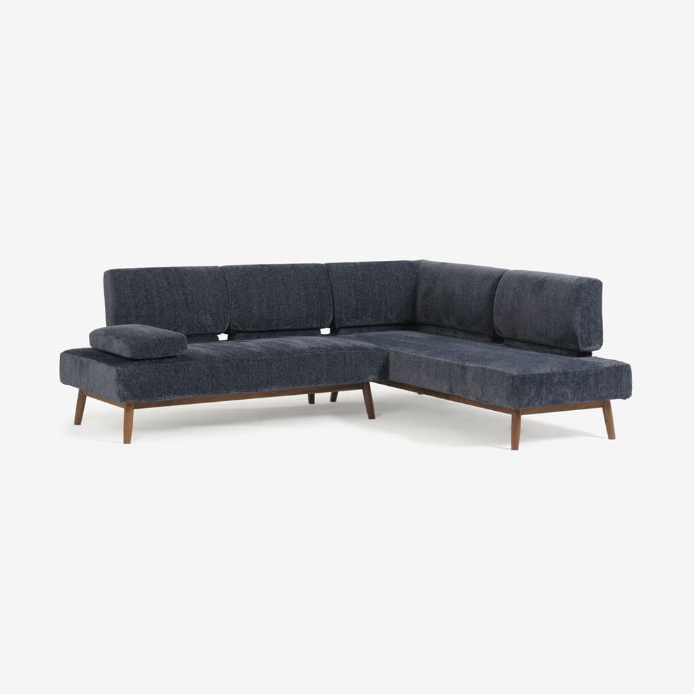 カウチソファ3点セット「ファルコ」カウチ背無(大)向かって左肘+片肘カウチ向かって右肘+クッション 布ネイビー色 #6:6142 脚部LWN色【受注生産品】