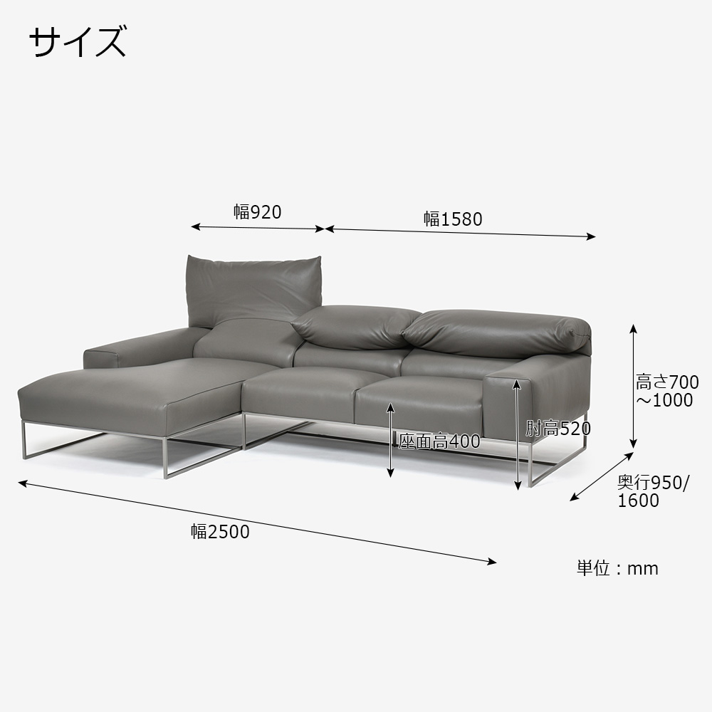 erba（エルバイタリア）カウチソファ2点セット 向って左カウチ「フォーエバーヤング」幅250cm 革#C ライトグレー色