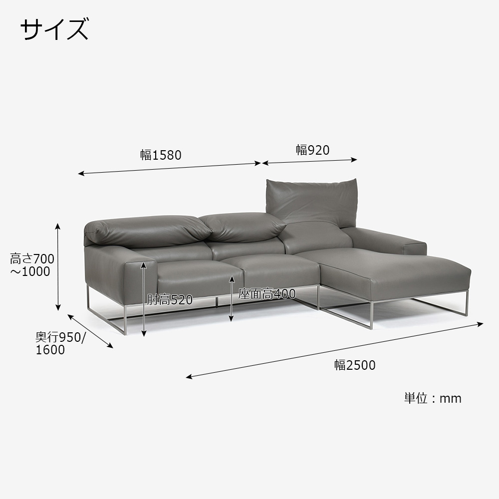 erba（エルバイタリア）カウチソファ2点セット 向って右カウチ「フォーエバーヤング」幅250cm 革#C ライトグレー色