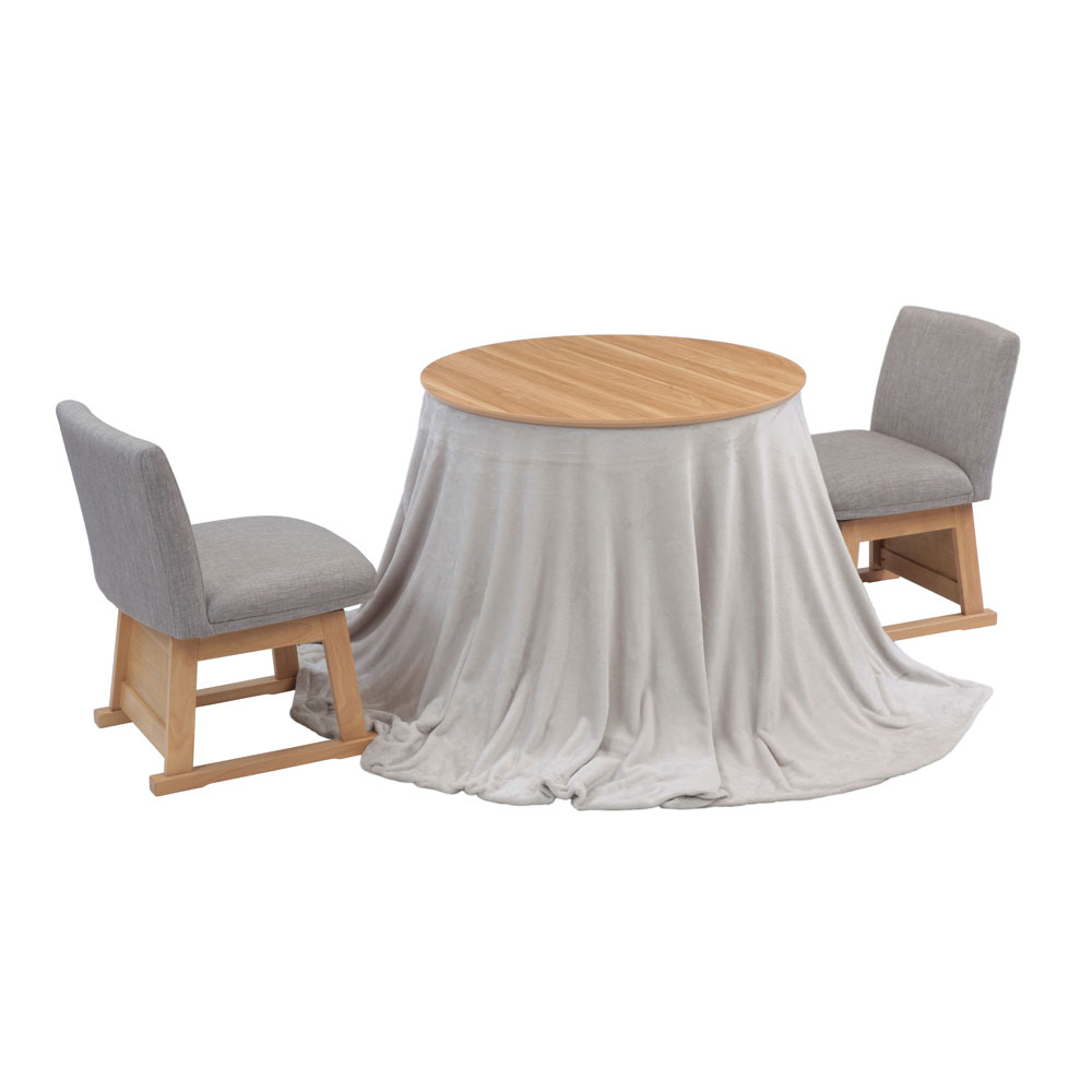 ダイニングこたつ4点セット「レイラ90 HI」ナチュラル色(NA) 円形テーブル幅90cm+回転椅子2脚+こたつ布団