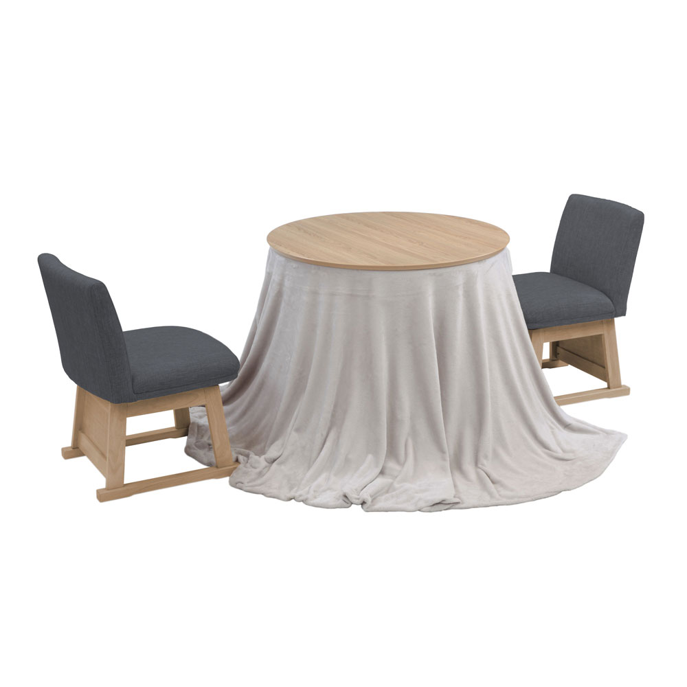 ダイニングこたつ4点セット「レイラ90 HI」ホワイトウォッシュ色(WW) 円形テーブル幅90cm+回転椅子2脚+こたつ布団