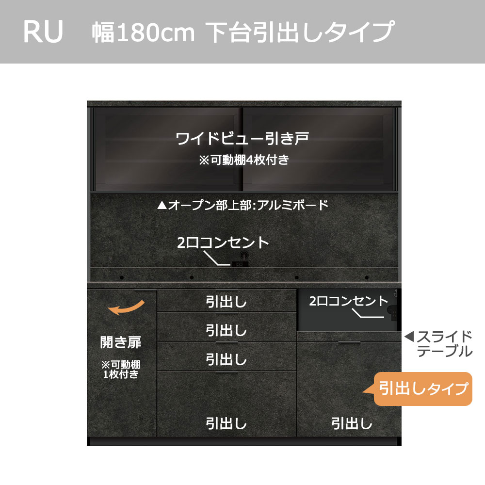 Pamouna（パモウナ）オープンボード「RU-S1800R・1800R」幅180cm 高さ197.5cm 奥行2サイズ（44.5cm・50cm）下台引出しタイプ 全4色