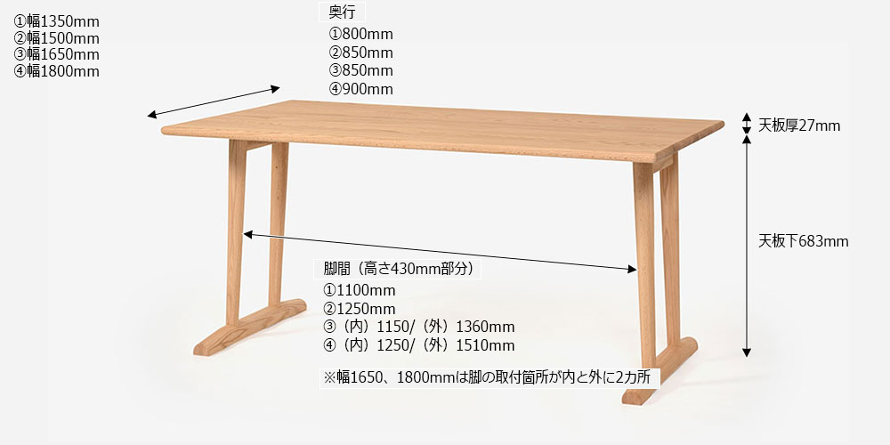 ダイニングテーブル「フィルプラス」長方形2本脚タイプのサイズ