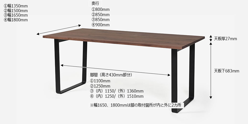 ダイニングテーブル「フィルプラス」長方形スチールB脚タイプのサイズ