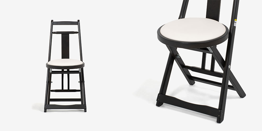 秋田木工 折りたたみ椅子「KC-1」木部ブナ材ダークブラウン色 座PVCアイボリー色　左：正面　右：座面部アップ画像