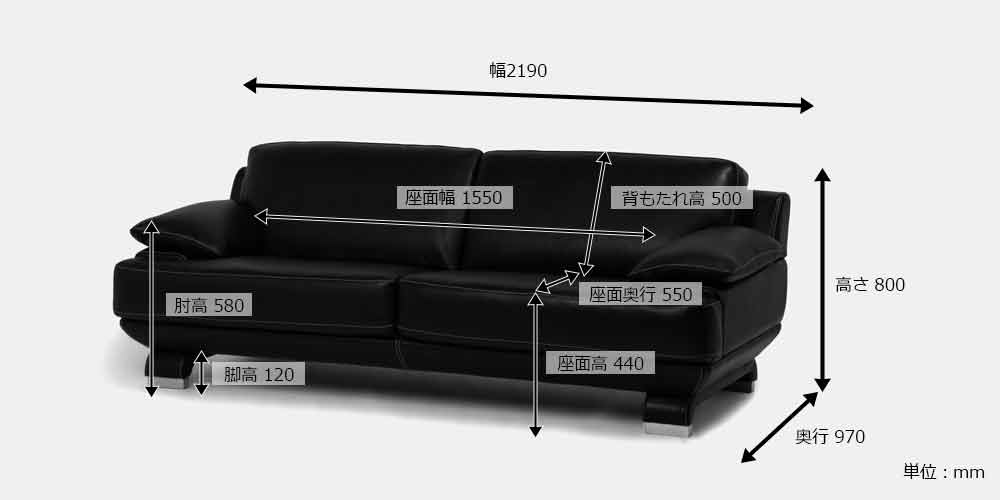 ソファ 3人掛け「L/S 01（エルエス01）」幅219cm 革ブラック色 #R-887C 